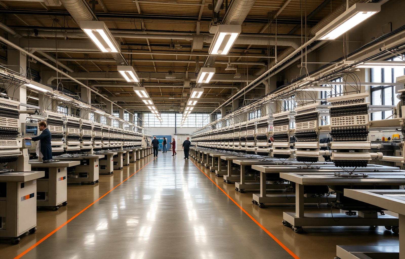 Embroidery machines on the manufacturing floor